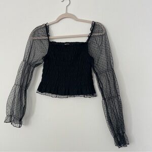 Black Sheer Swiss Dot Puff Long Sleeve Smocked Crop Top Small